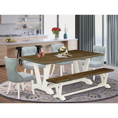 East West Furniture 6 Piece V-Style Dining Table Set - Linen White V077SI215-6